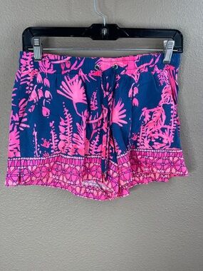 Lilly Pulitzer Navy and Hot Pink Tropical Print Drawstring Shorts